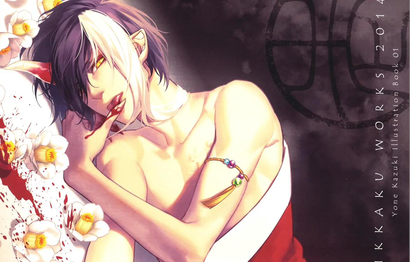 Photo wallpaper bracelet, guy, yellow eyes, bangs, Camellia, stuck out his tongue, youkai, the bracelet on her …