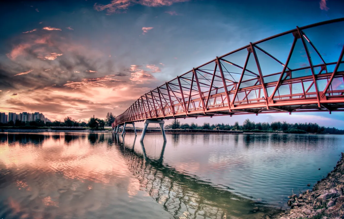 Photo wallpaper the sky, clouds, bridge, the city, river, background, shore, design