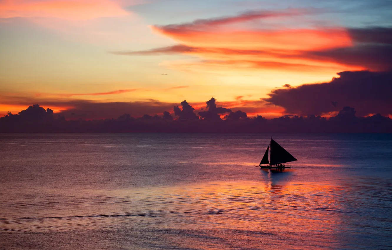 Photo wallpaper sea, the sky, clouds, landscape, sunset, sailboat