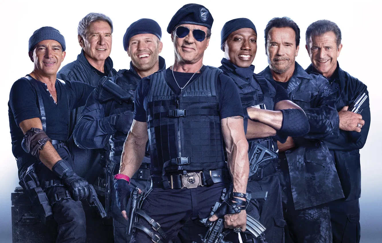 Photo wallpaper Sylvester Stallone, Antonio Banderas, Jason Statham, Wesley Snipes, Mel Gibson, The Expendables 3, The expendables …