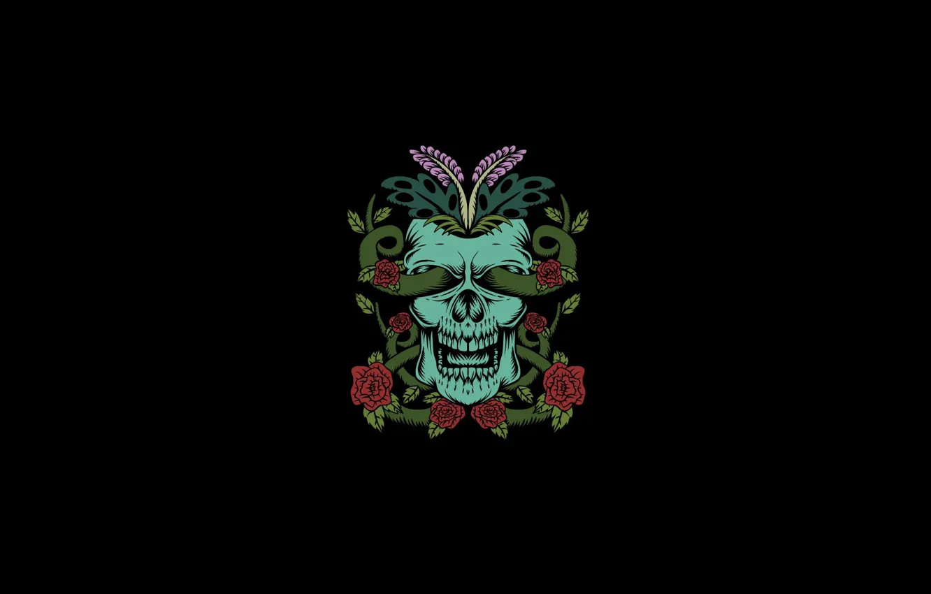Photo wallpaper skull, roses, vines