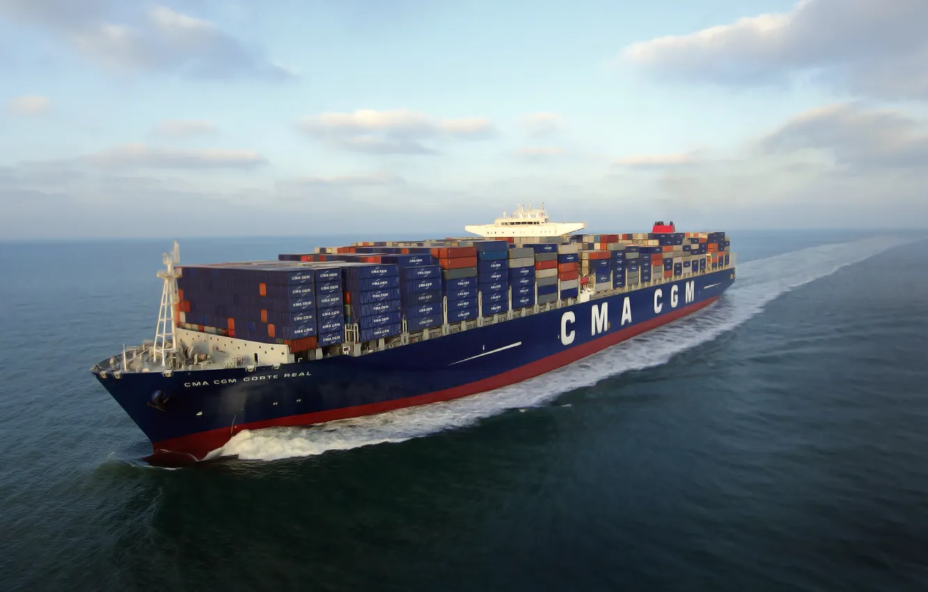 Photo wallpaper the sky, Sea, Day, The ship, A container ship, Tank, On The Go, CMA CGM