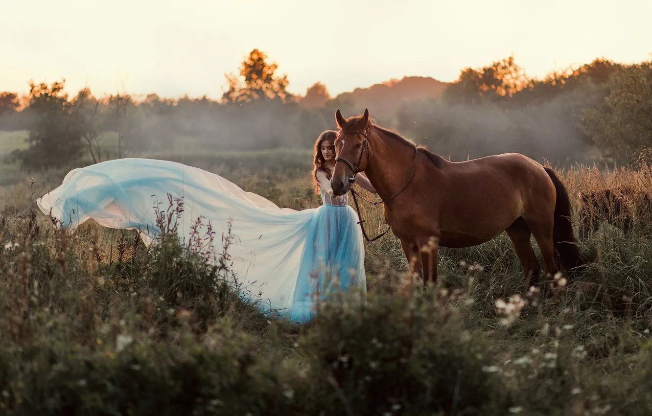 Photo wallpaper look, girl, pose, horse, horse, dress, Princess, Mila Agafonova