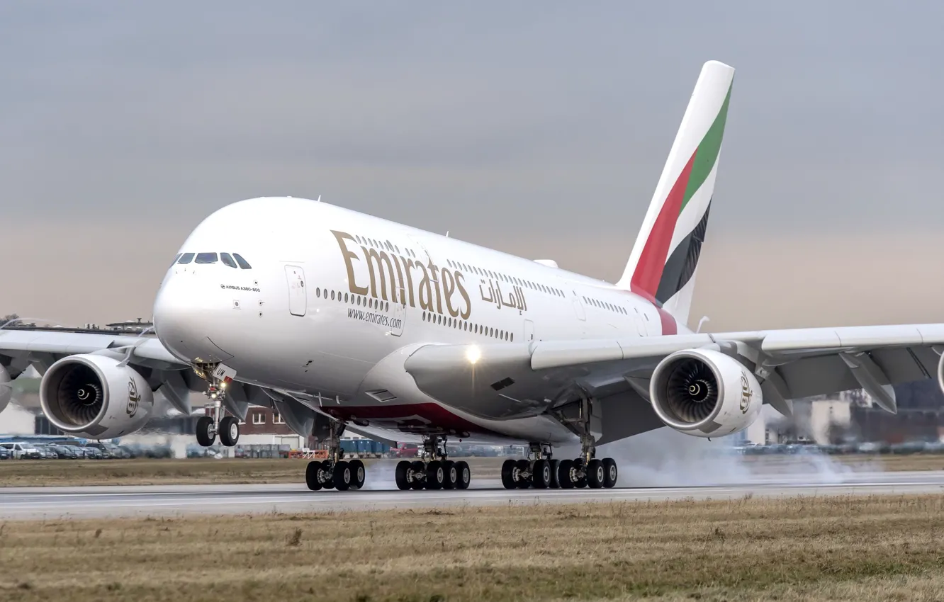 Photo wallpaper smoke, landing, A380, Airbus, WFP, Chassis, Airbus A380, Emirates Airlines