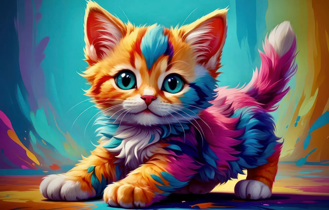 Photo wallpaper colorful, fantasy, kitten