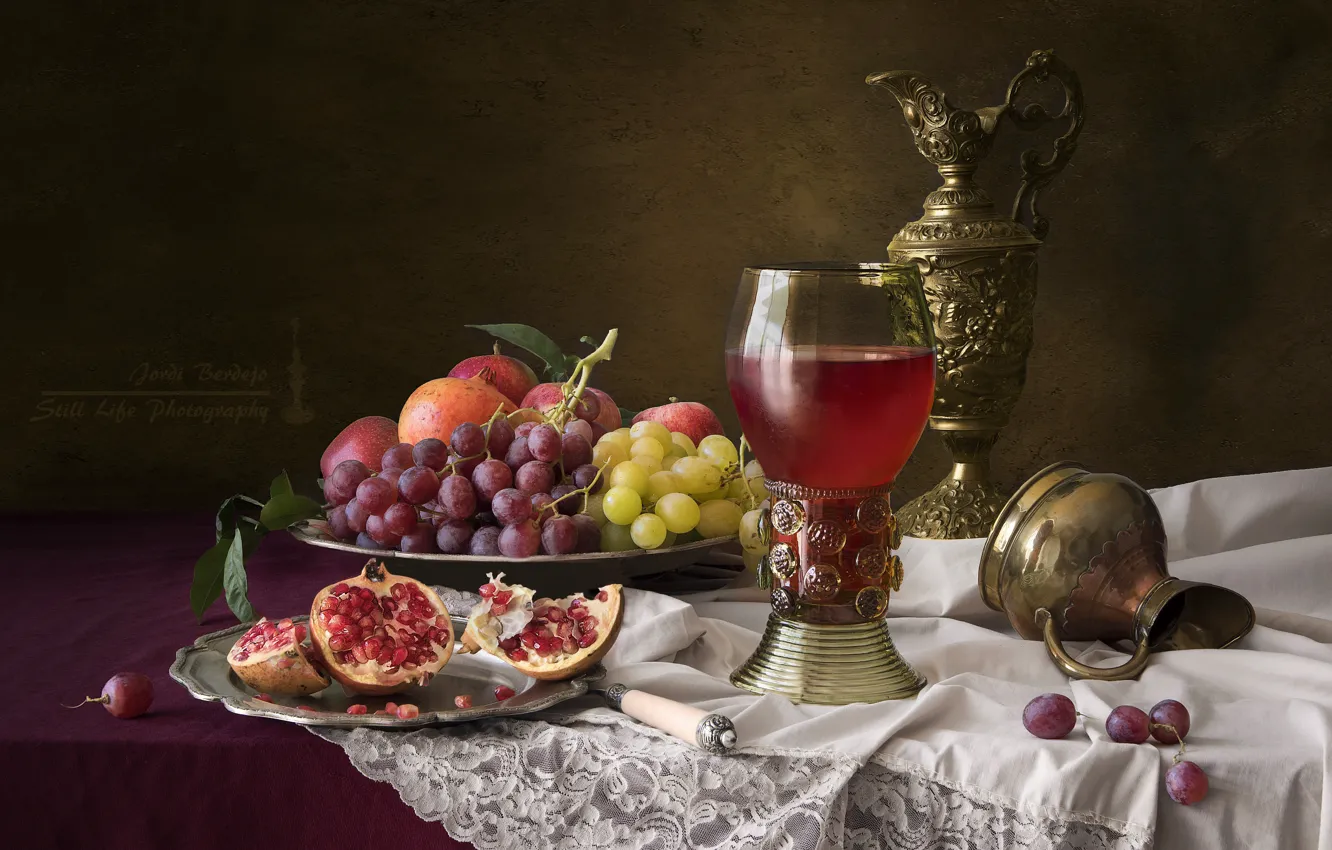 Photo wallpaper wine, apples, glass, grapes, fruit, garnet