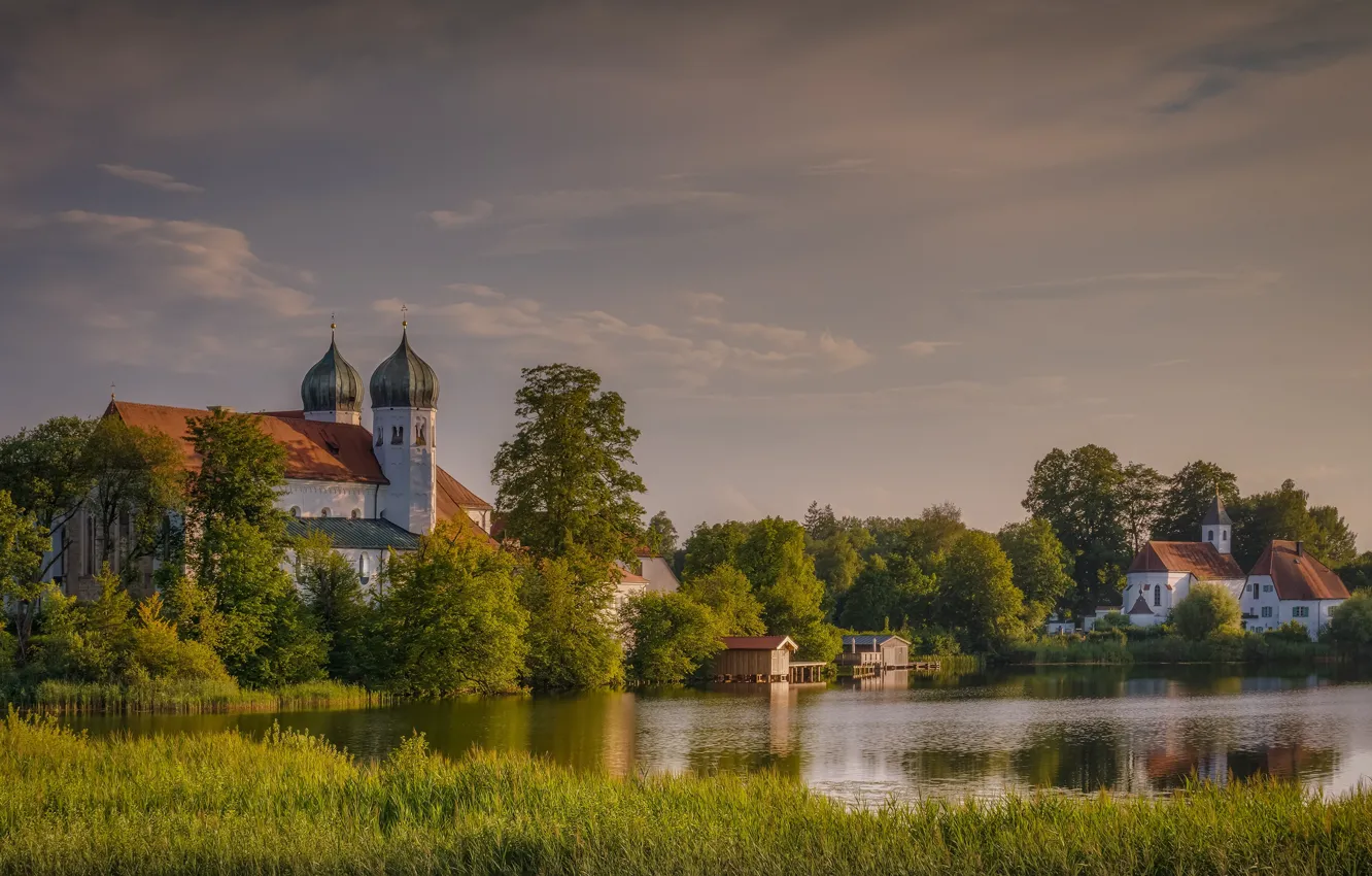 Photo wallpaper landscape, nature, river, home, Germany, Bayern, the dome, the monastery