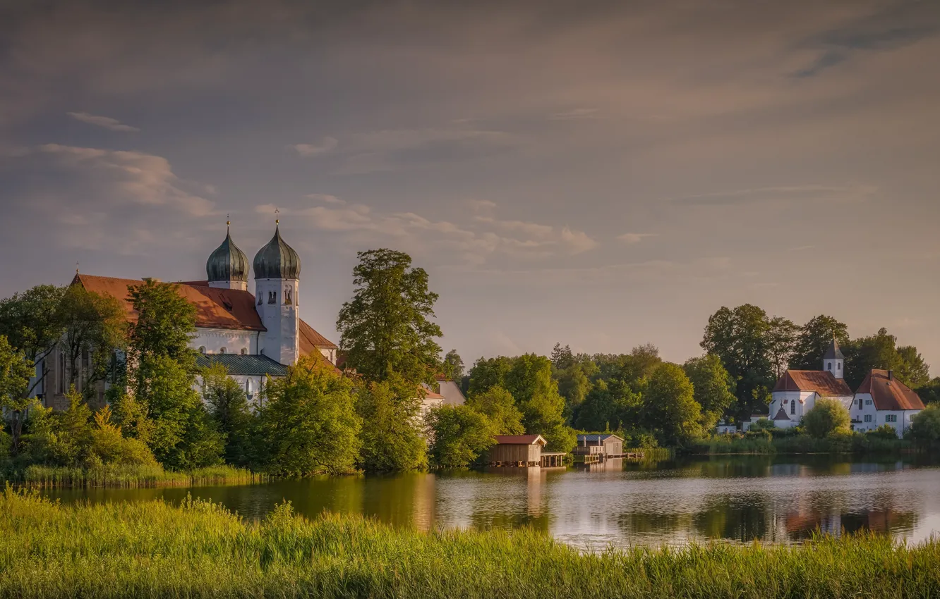 Photo wallpaper landscape, nature, river, home, Germany, Bayern, the monastery, dome