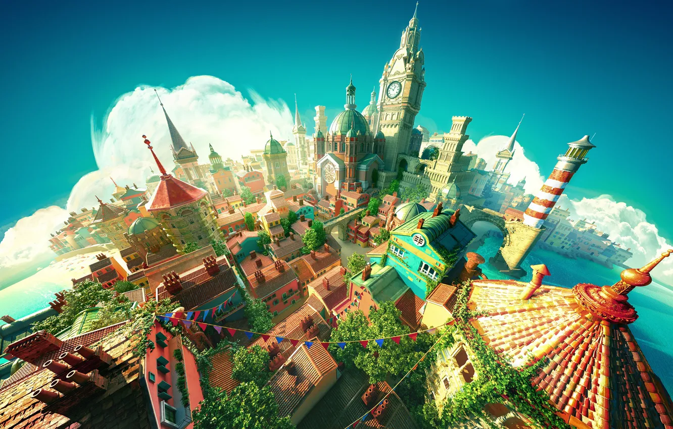 Photo wallpaper roof, the sky, clouds, the city, river, street, tower, home