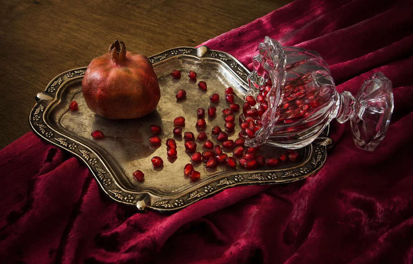 Photo wallpaper glass, red, table, fabric, fruit, still life, placer, velvet