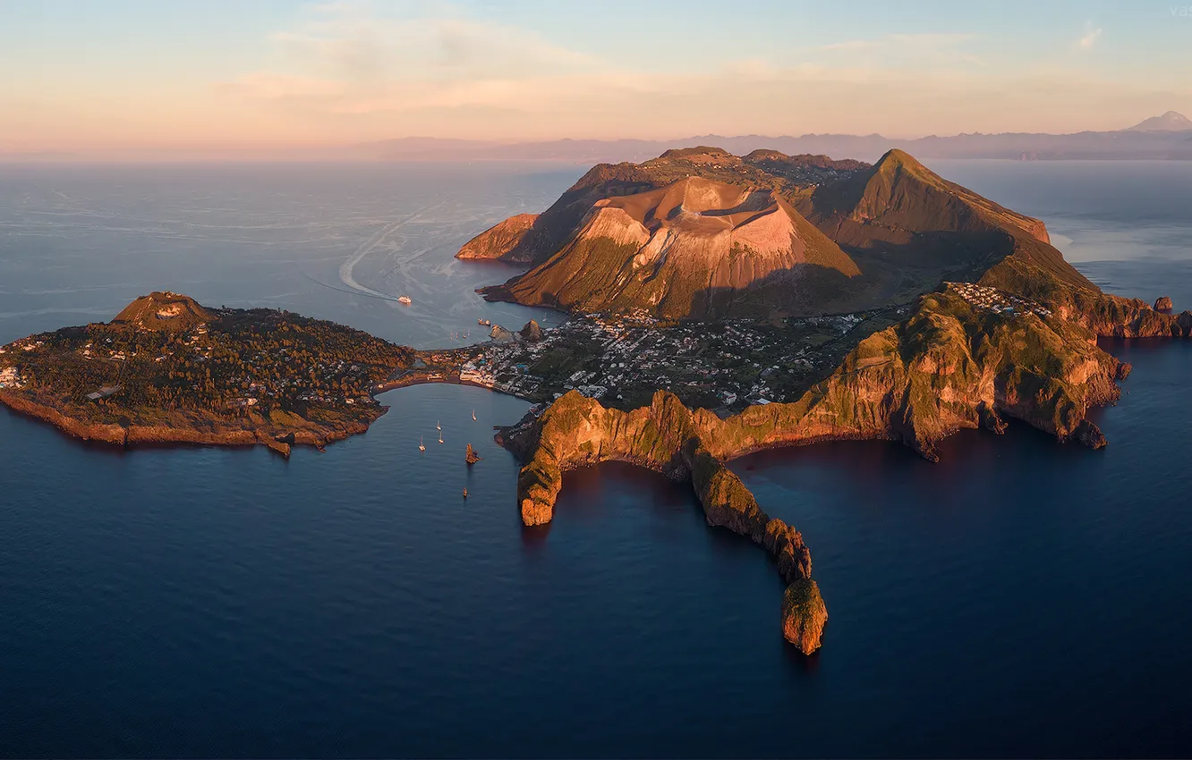Photo wallpaper sea, Italy, island, village, aerial view, Sicilia, Isola de Vulcano