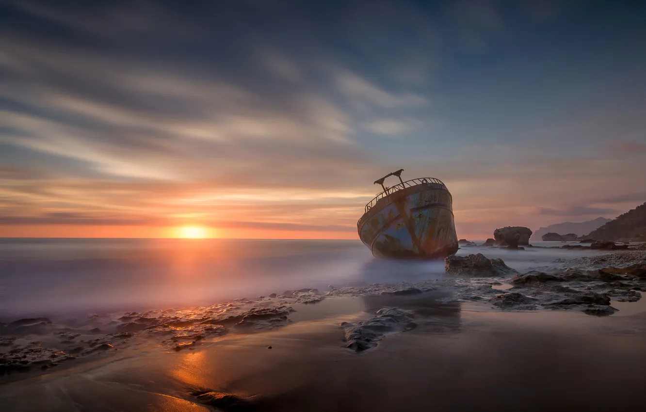 Photo wallpaper sea, stones, dawn, ship