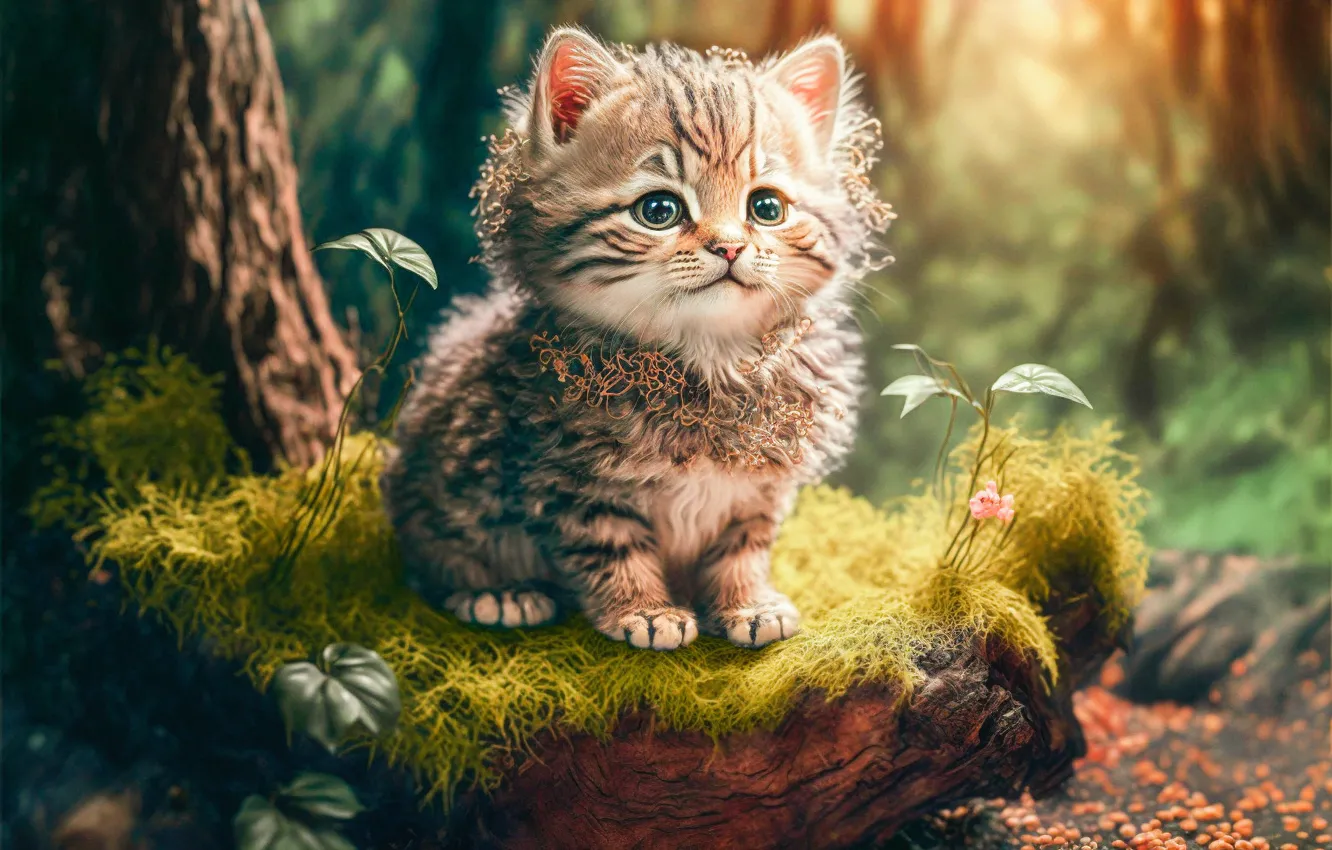 Photo wallpaper cat, trees, nature, rendering, graphics, moss, animal, baby