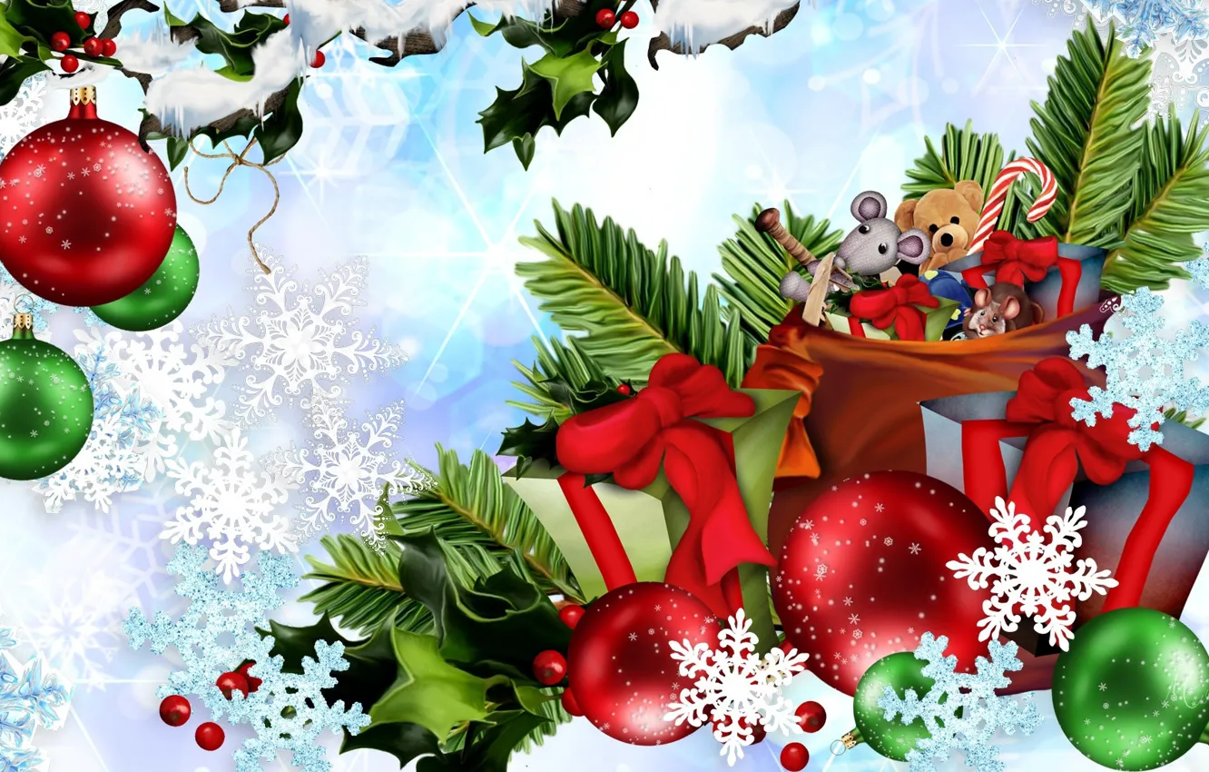 Photo wallpaper winter, snowflakes, gift, balls, toy, tree, new year, bag