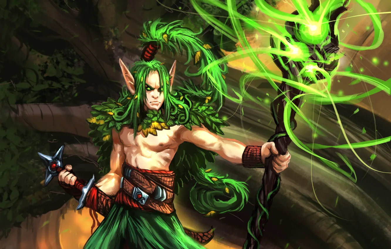 Photo wallpaper trees, magic, elf, art, staff, guy, wizard, MoshYong