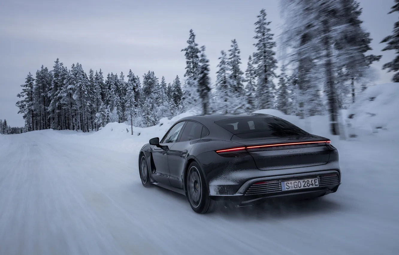 Photo wallpaper snow, black, Porsche, winter road, 2020, Taycan, Taycan 4S