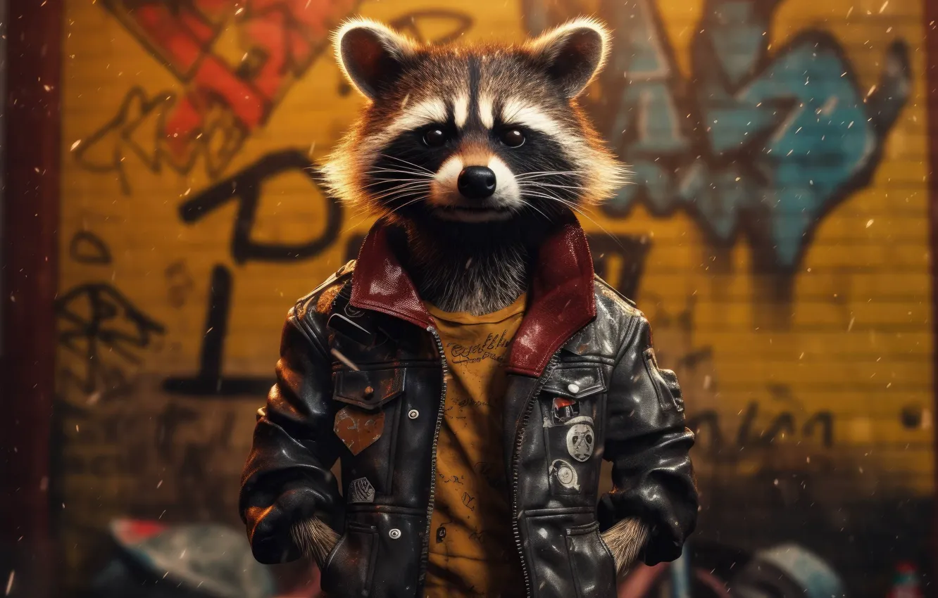 Photo wallpaper leather, jacket, raccoon, ai art