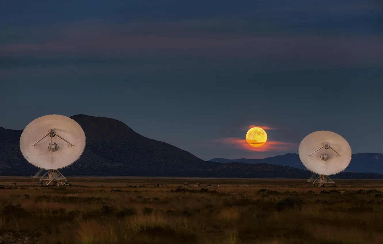 Photo wallpaper landscape, sunset, mountains, the moon, twilight, radio telescope