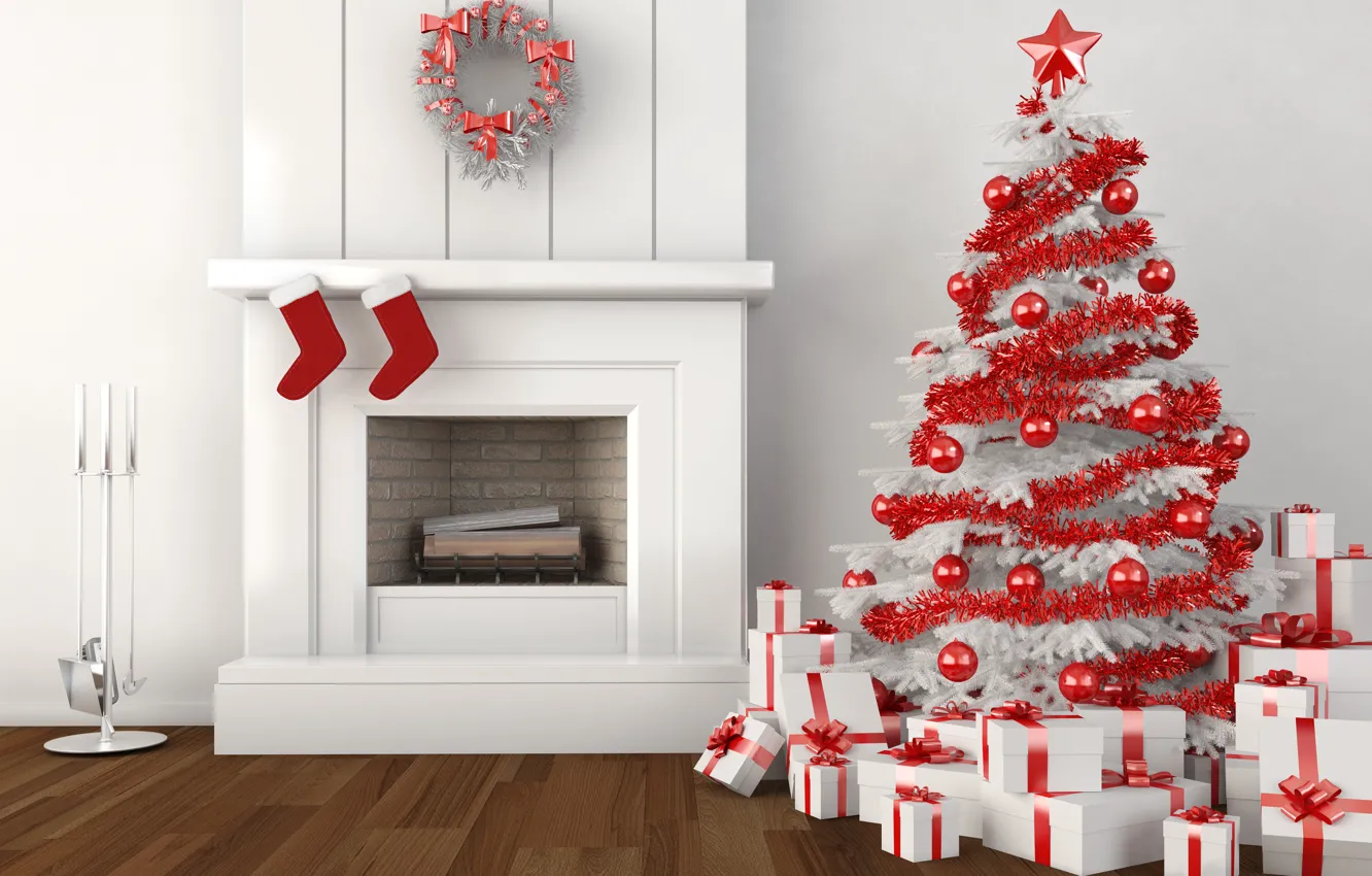 Photo wallpaper stars, decoration, tape, tree, Christmas, socks, fireplace, wreaths