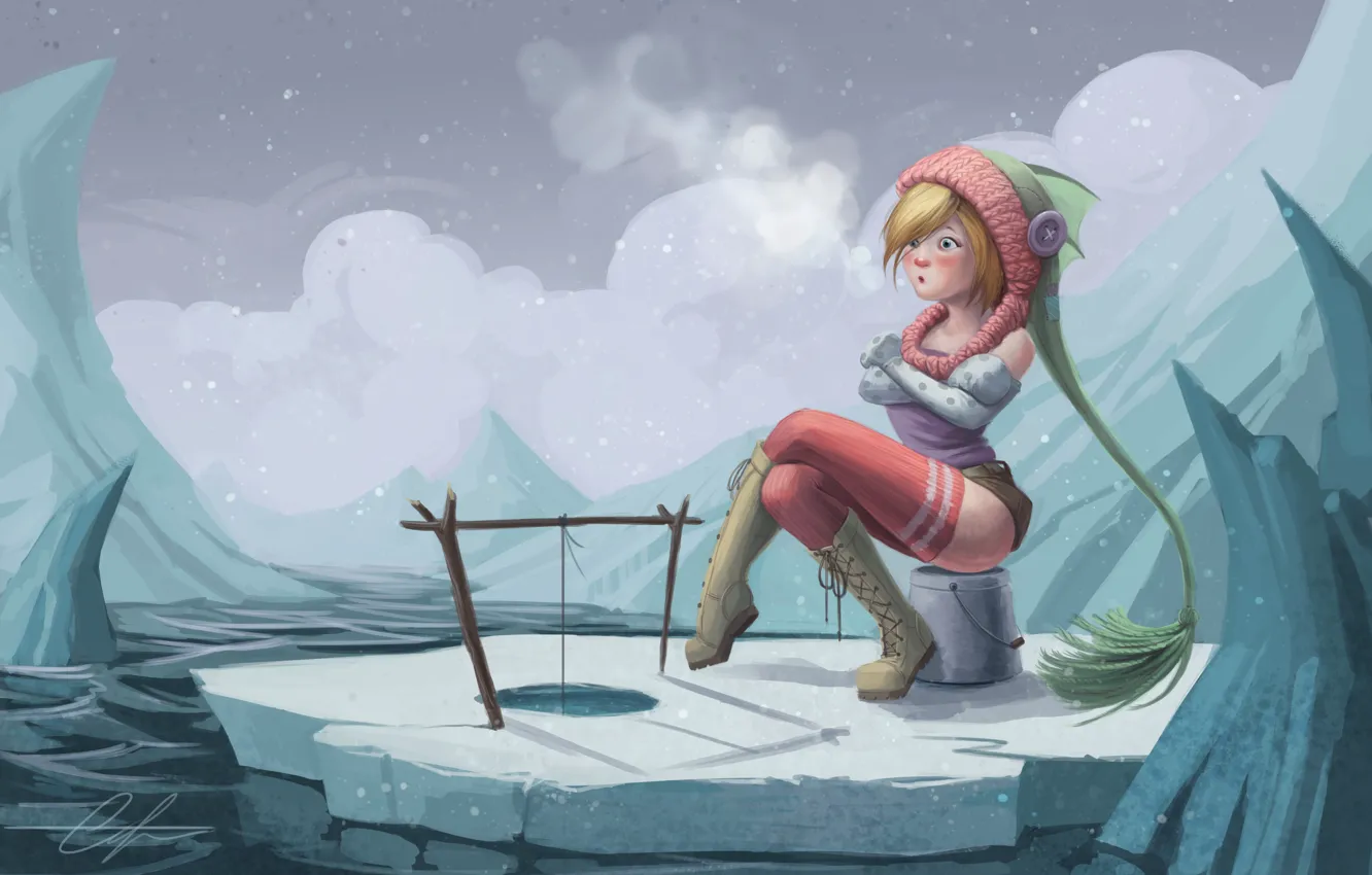 Photo wallpaper girl, snow, winter, fishing, ice, SnakeToast, do not bite, frozen