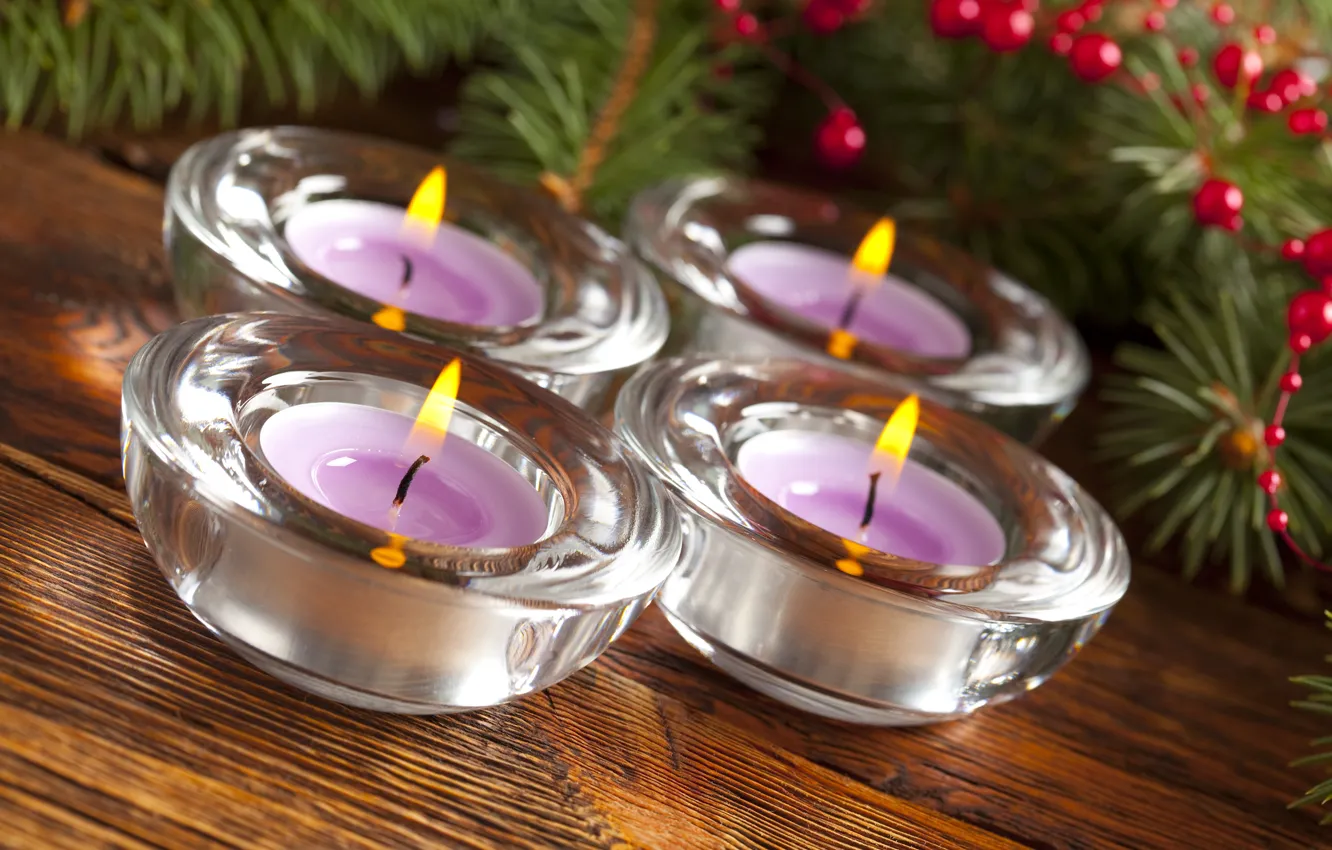Photo wallpaper decoration, holiday, new year, candles, fir-tree branches