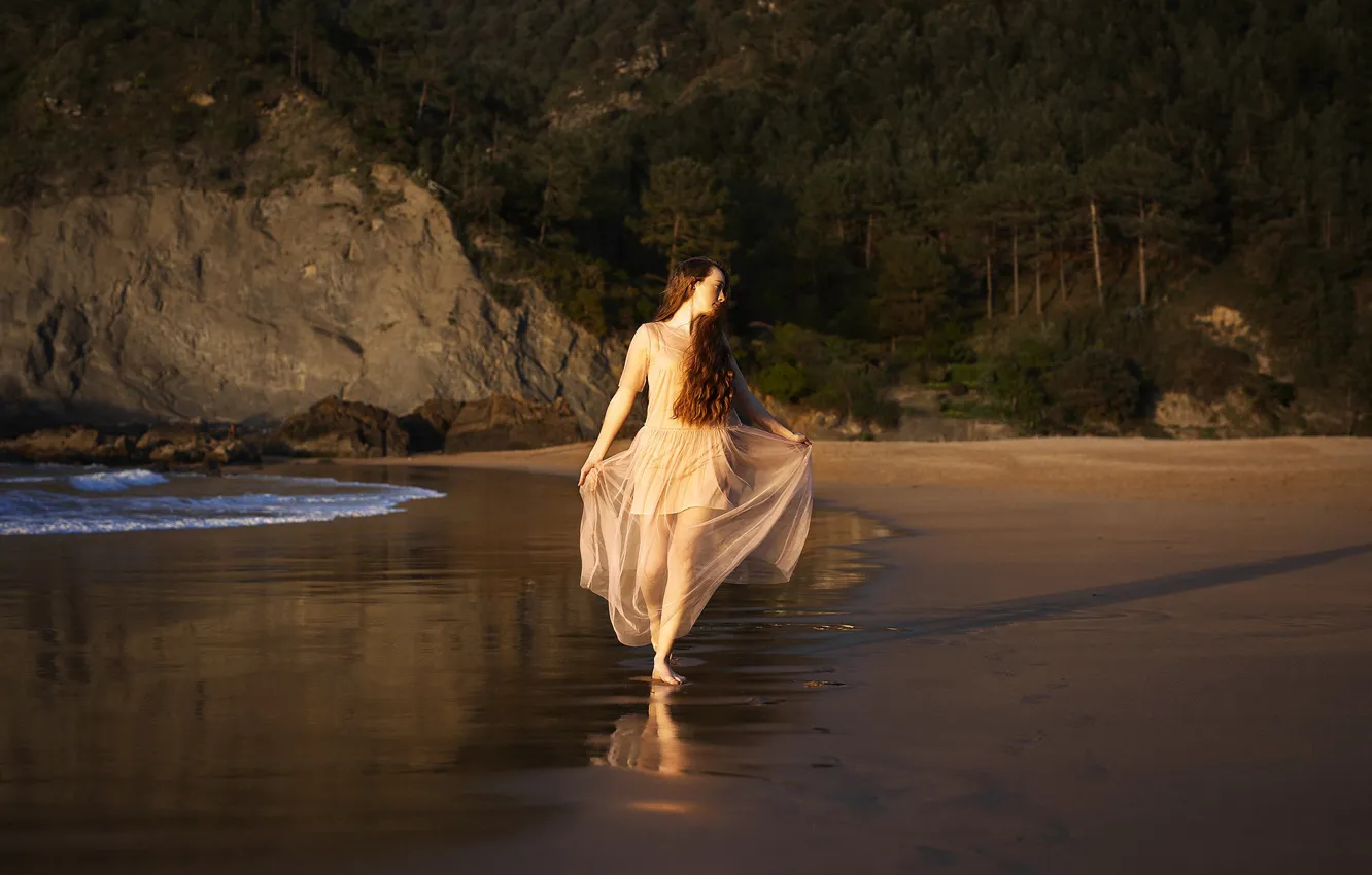Photo wallpaper sea, water, girl, nature, pose, shore, dress, Tania Cerviаn