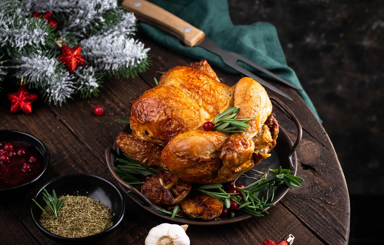 Photo wallpaper greens, branches, table, Board, chicken, Christmas, meat, New year