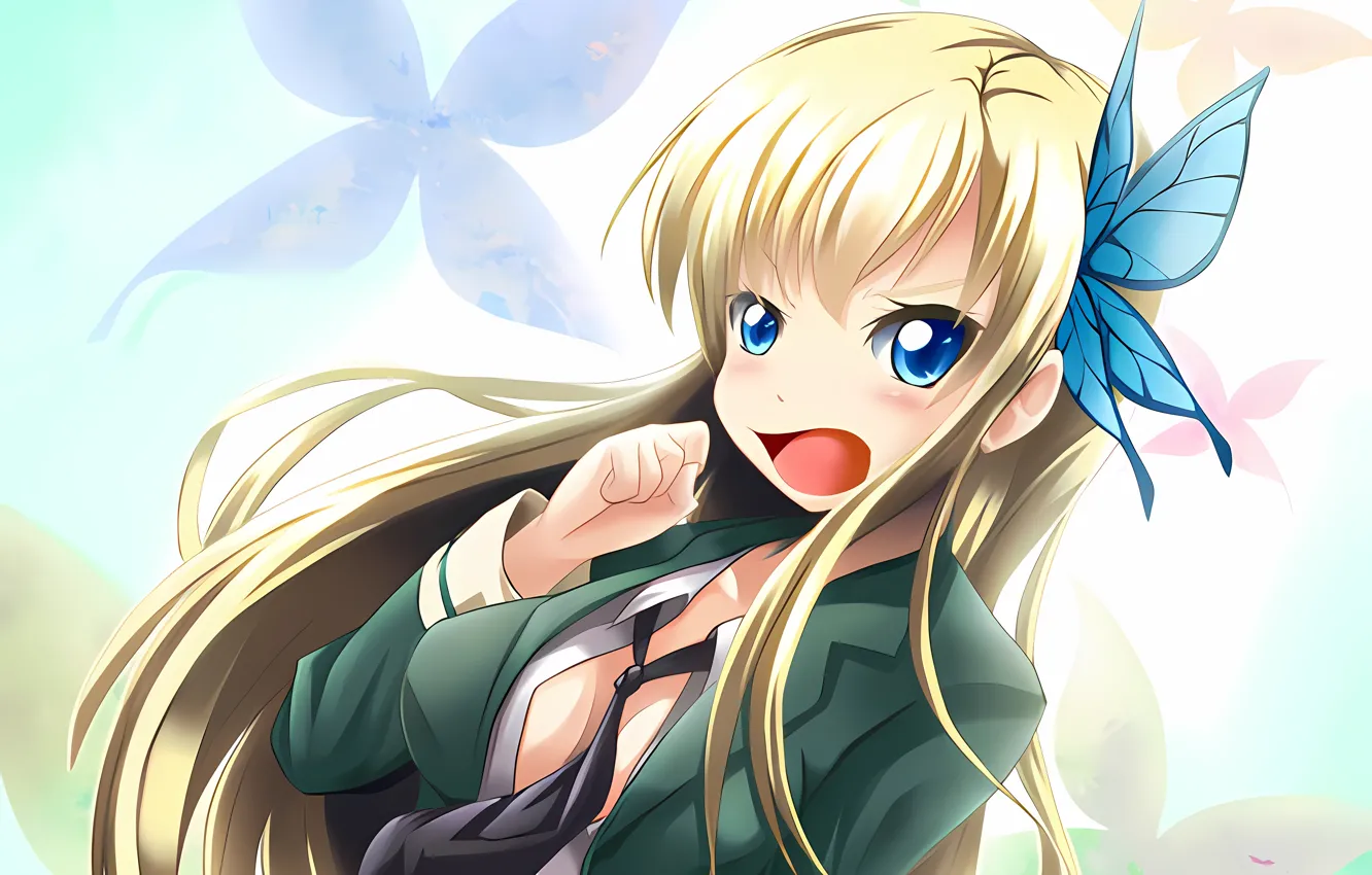 Photo wallpaper girl, sexy, cleavage, long hair, boobs, anime, blue eyes, beautiful