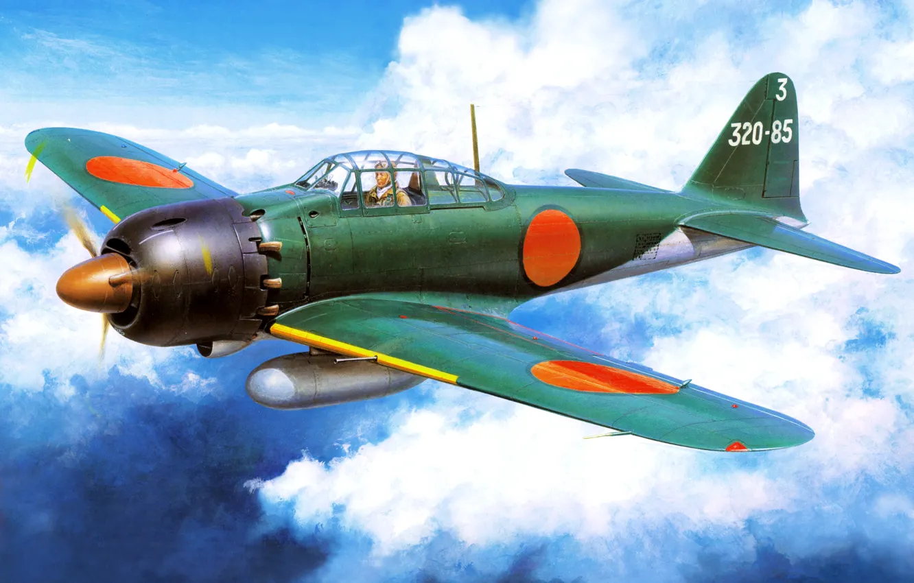 Photo wallpaper the sky, figure, fighter, art, Japanese, deck, WW2, Mitsubishi A6M Reisen (Type 0)
