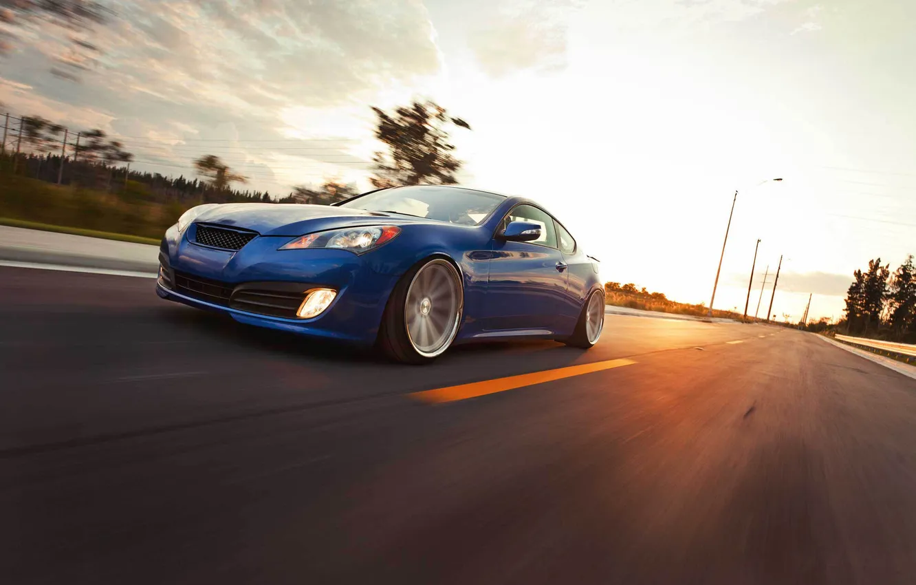 Photo wallpaper the sky, asphalt, clouds, sunset, blue, speed, Hyundai, blue