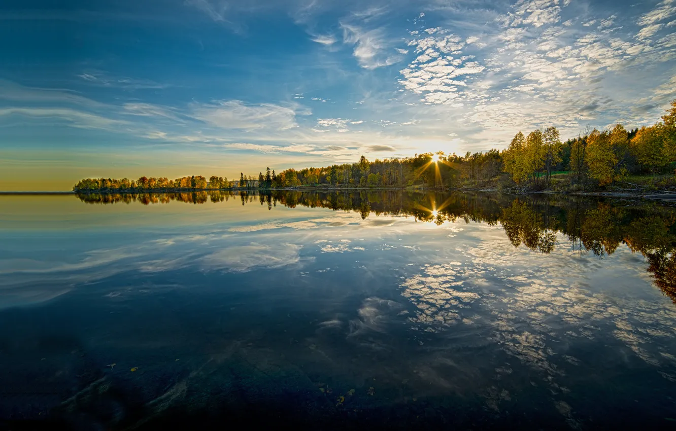 Photo wallpaper autumn, trees, lake, reflection, Norway, Norway, Maridalsvannet lake, Maridalen