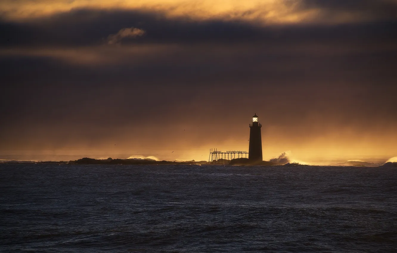 Photo wallpaper ocean, sunset, wave, lighthouse