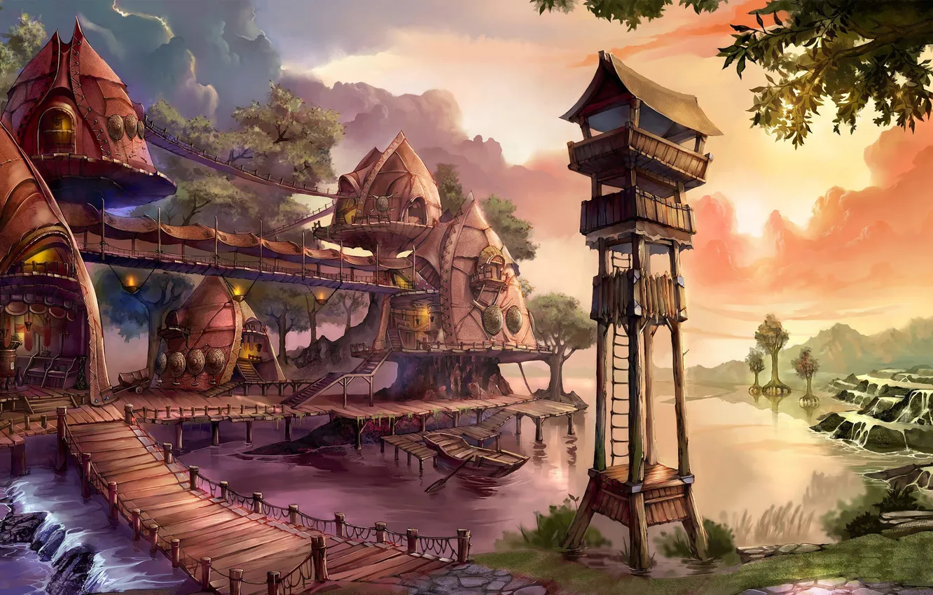 Photo wallpaper road, river, boat, home, settlement, post, Supervisory