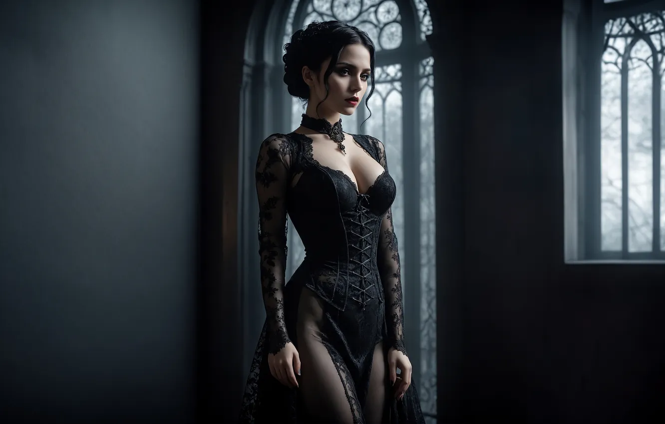 Photo wallpaper dark, cleavage, Gothic, black dress, AI Art, neck cuff