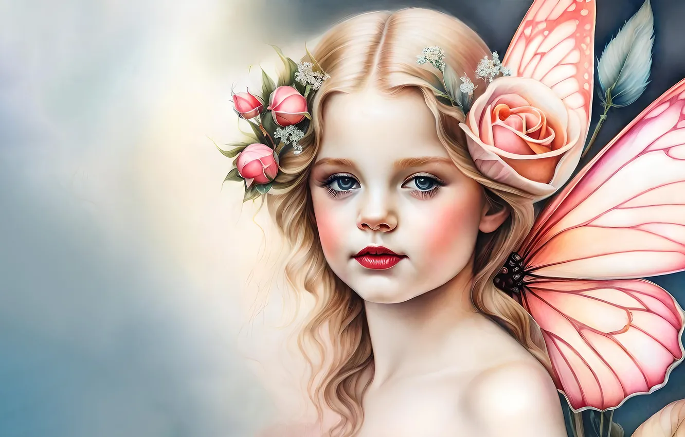 Photo wallpaper flowers, roses, fairy, girl, the wings of a butterfly
