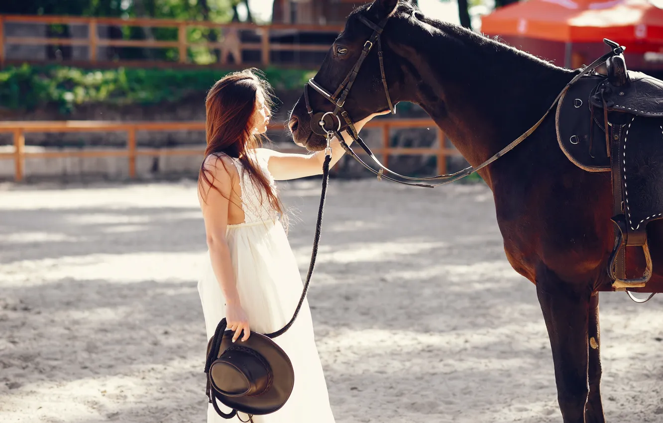 Photo wallpaper summer, girl, light, pose, horse, hair, horse, hat