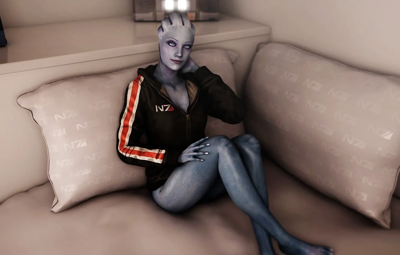 Photo wallpaper look, girl, smile, sofa, sitting, mass effect, Liara T Soni