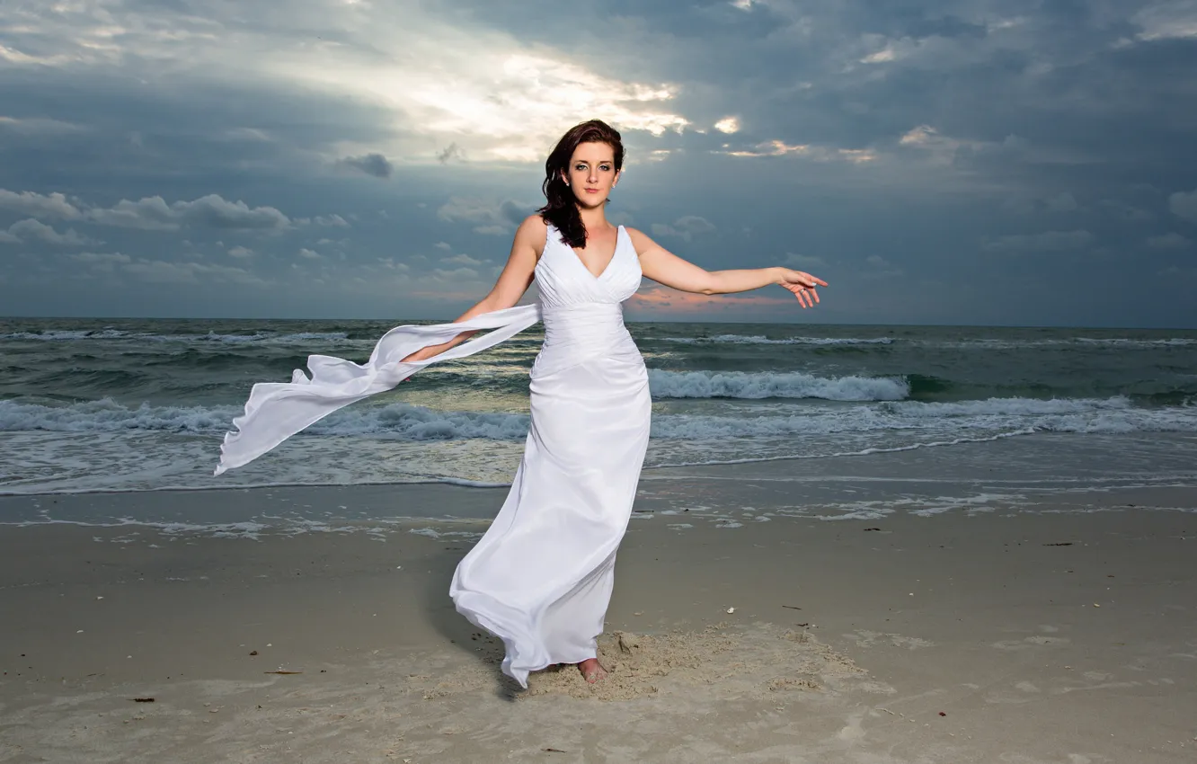 Photo wallpaper sea, the sky, girl, face, the wind, dress