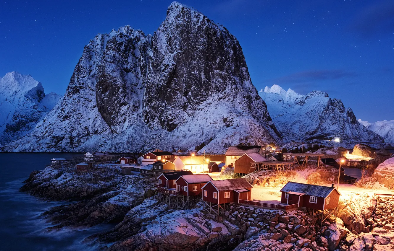 Photo wallpaper winter, the sky, stars, snow, mountains, lights, stones, rocks