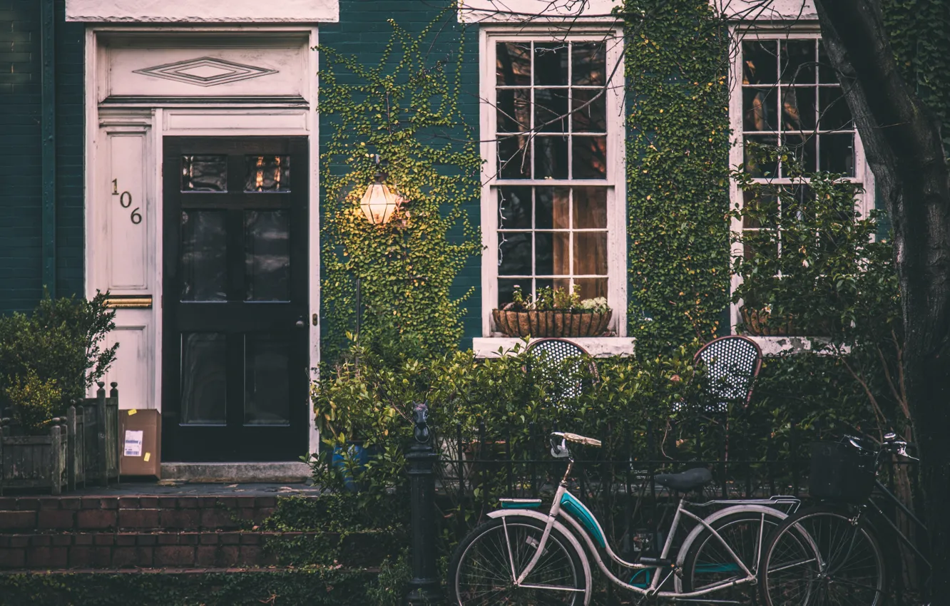 Photo wallpaper bike, house, The city, Window, grapes, lantern, architecture