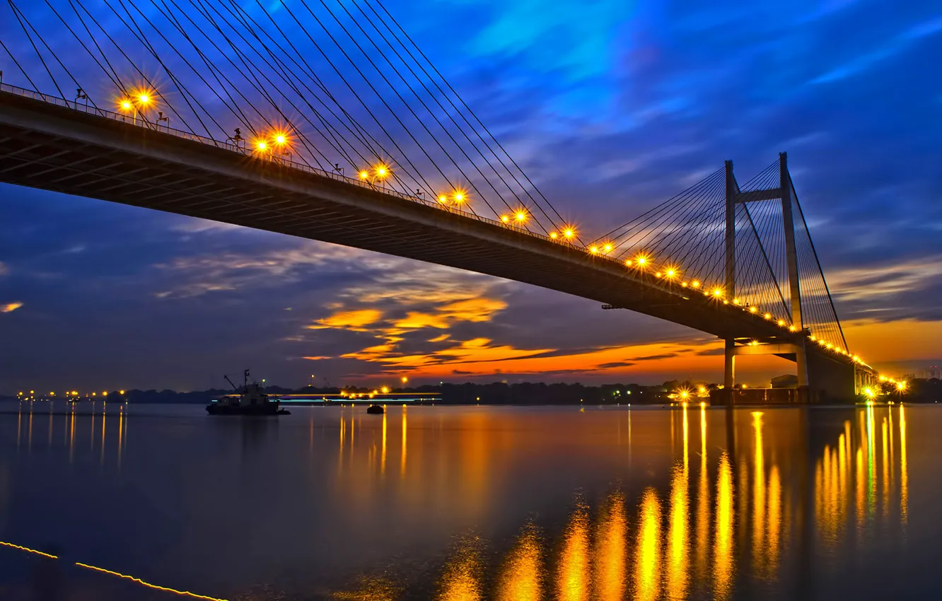 Photo wallpaper bridge, lights, river, the evening, India, glow, West Bengal, Ganges