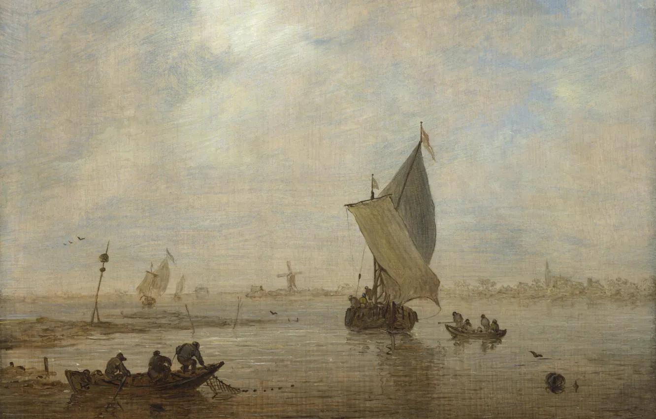 Photo wallpaper landscape, boat, picture, sail, Jan van Goyen, Jan van Goyen, Fishermen pulling net
