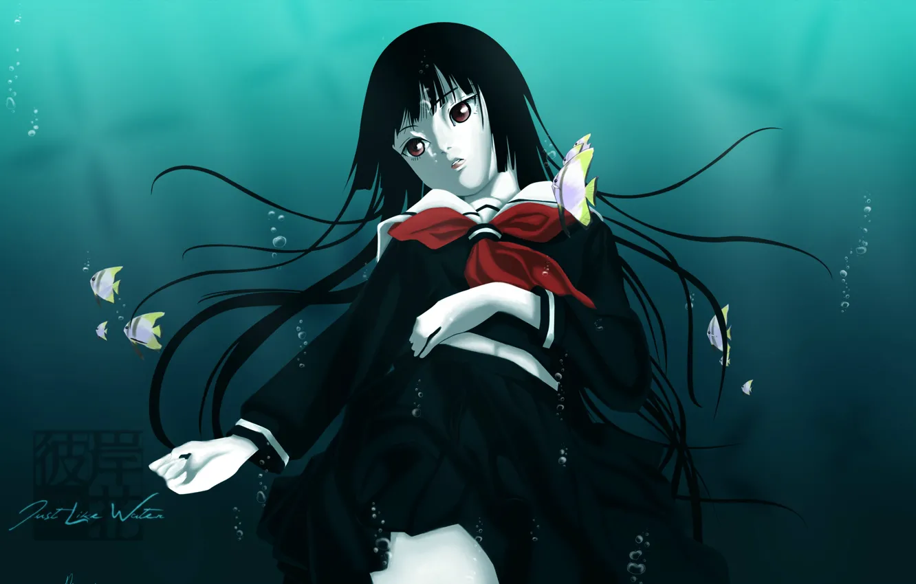 Photo wallpaper water, fish, bubbles, depth, schoolgirl, long hair, sailor, Enma Ai