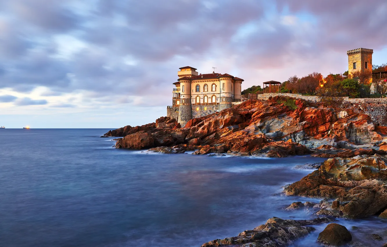 Photo wallpaper sea, the sky, clouds, stones, castle, rocks, shore, Italy