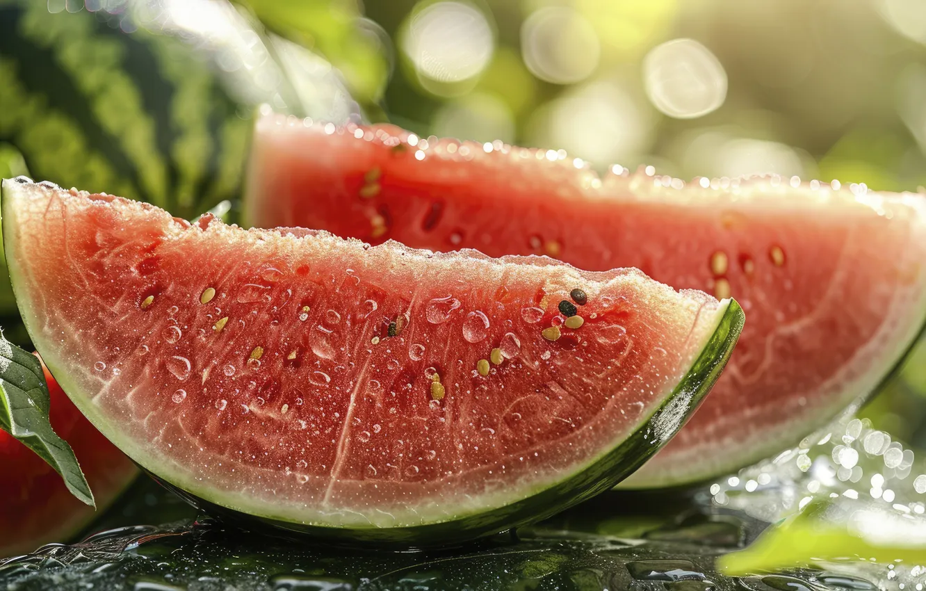 Photo wallpaper summer, drops, nature, watermelon, slices, juicy, bokeh, AI art