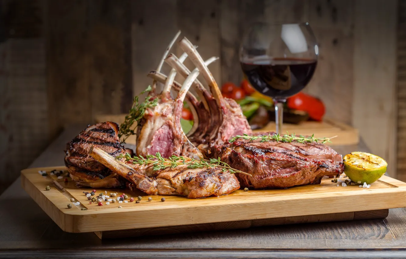 Photo wallpaper wine, glass, meat, tomatoes