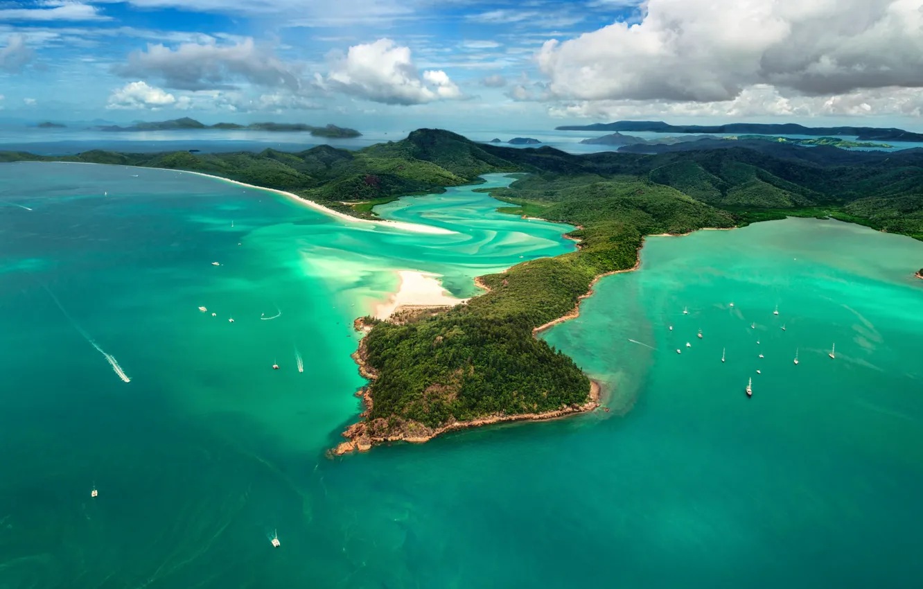 Photo wallpaper sea, the sky, clouds, the ocean, boat, island