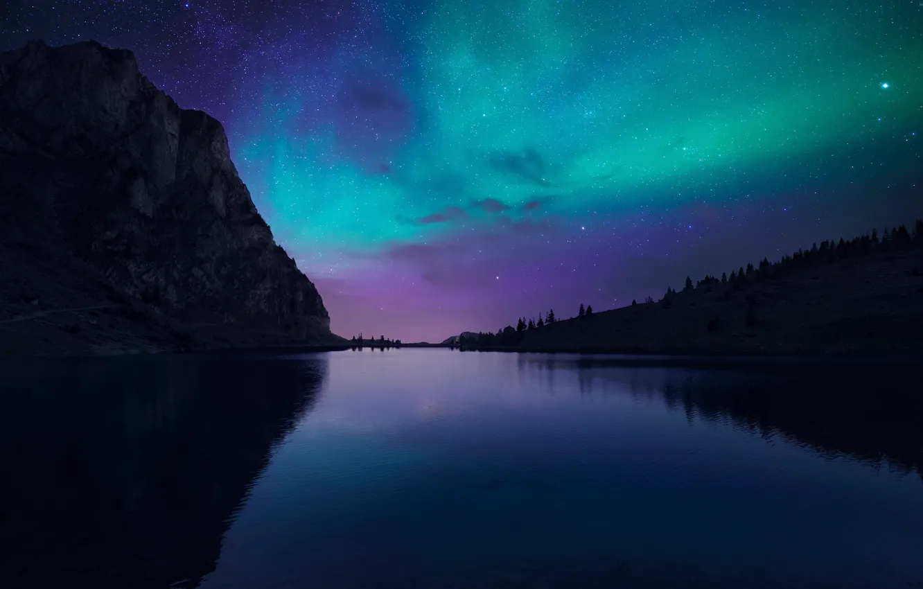 Photo wallpaper lake, silence, mountain, Northern lights, Night