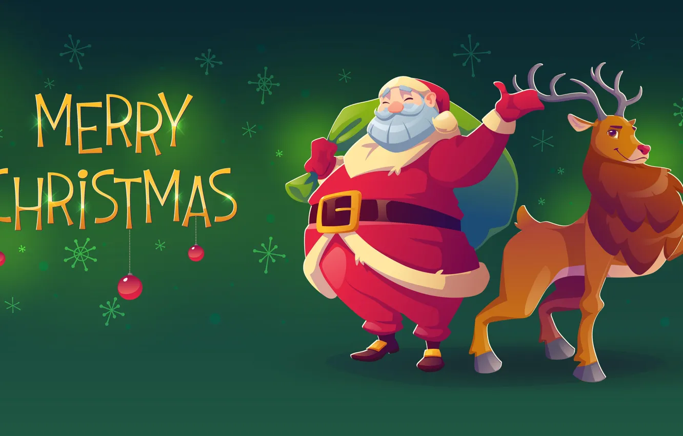 Photo wallpaper deer, Christmas, New year, Santa Claus, green background