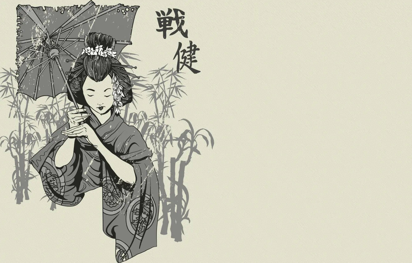 Photo wallpaper Japanese, figure, umbrella, characters, black and white